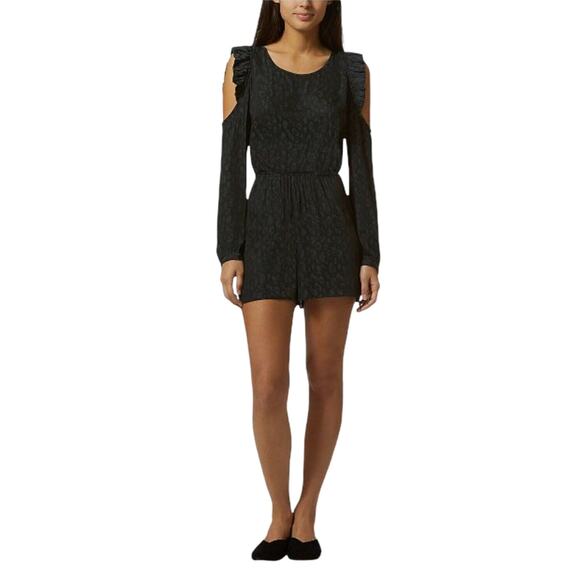 AVEC LES FILLES Romper Animal Print Black Teal Cold Shoulder Ruffle LS Small EUC - Picture 9 of 9